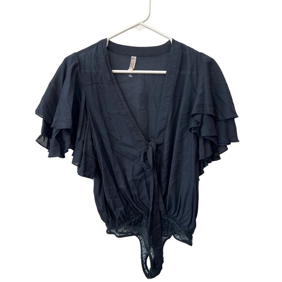 Free People Intimately Call Me Later Thong Bodysuit Size XS Ruffle Black Flowy - Picture 4 of 9